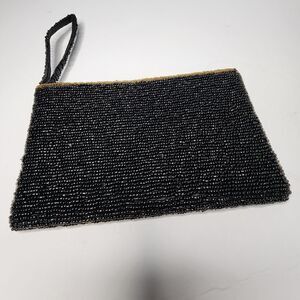 Vintage Evening Handbag Women Mini Black Beaded Satin Gold Bead Top Clutch